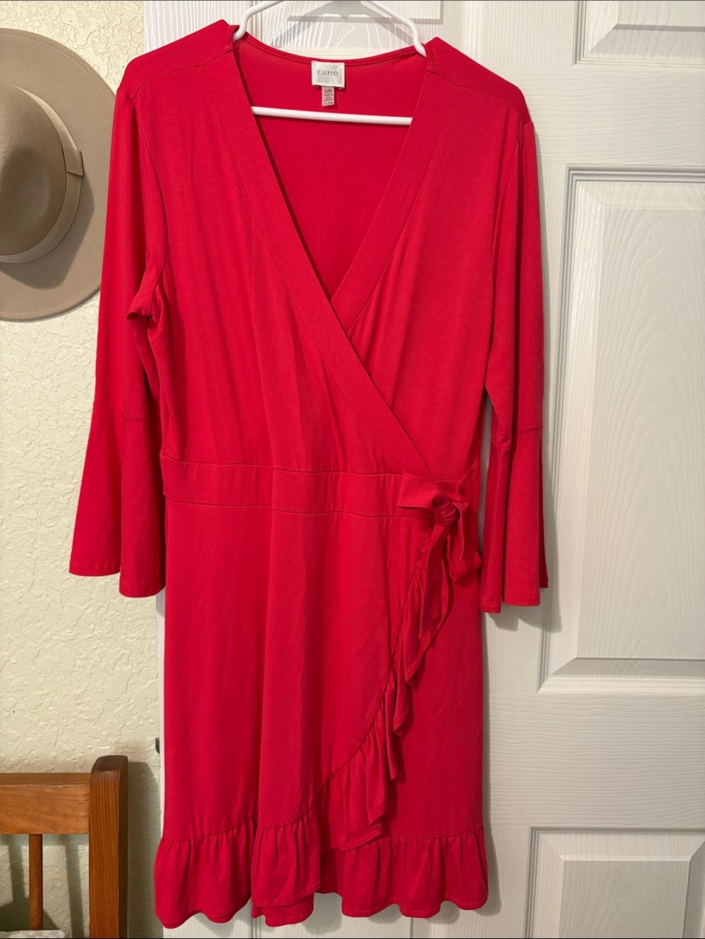 Cupio Bright Red Wrap Dress with Ruffle Trim